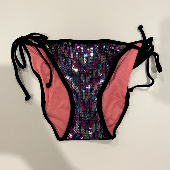 Victoria's Secret PINK Bikini Bottom Womens Medium Black Multicolor Sequin Tie - Picture 1 of 7